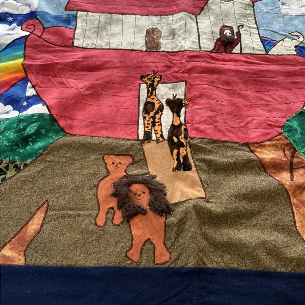 Noah’s Ark Rainbow Baby Patch Quilt Throw Lion Giraffe Elephant Handmade Vintage